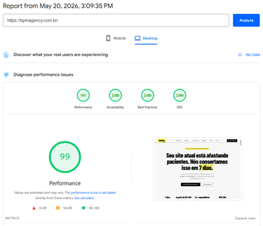 BPM Agency — PageSpeed Insights: Performance 99, Acessibilidade 100, Boas Práticas 100, SEO 100
